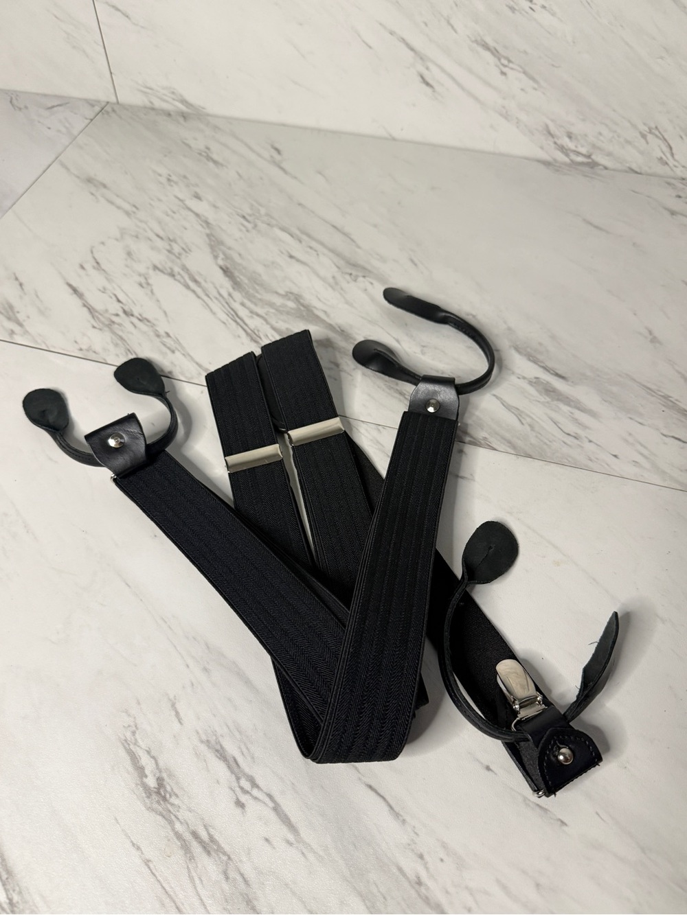 Mens Black Convertible Suspenders Y-Back Button End Clip On Leather Tabs